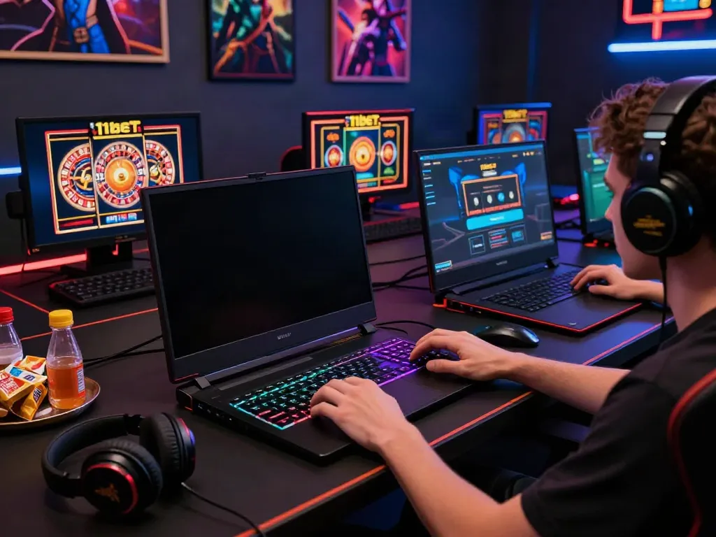 Engaging online gaming setup highlighting 11bet games on multiple screens.