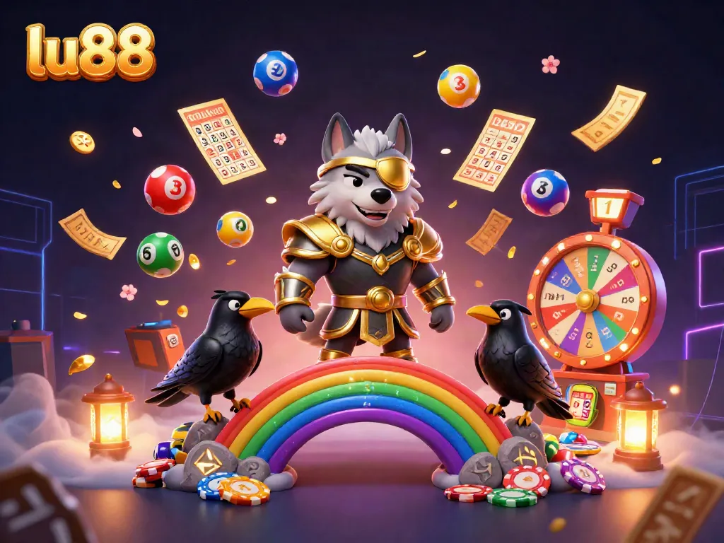 Experience a vibrant lu88 gaming scene with lottery balls and prizes cascading in 3D.
