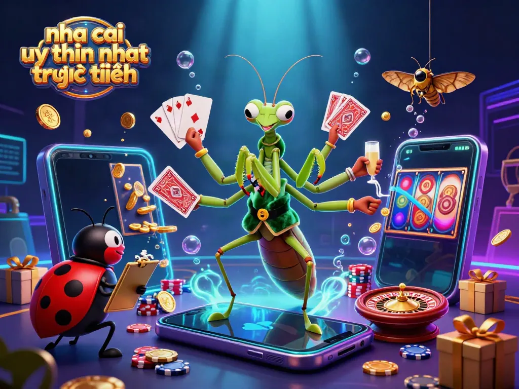 Engage with nha cai uy tin nhat trực tuyến featuring a vibrant casino scene with a mantis dealer and ladybug pit boss.