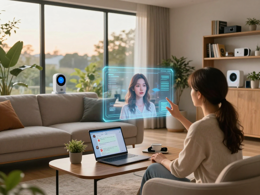 Engaging with a holographic ai girlfriend interface in a modern living room.