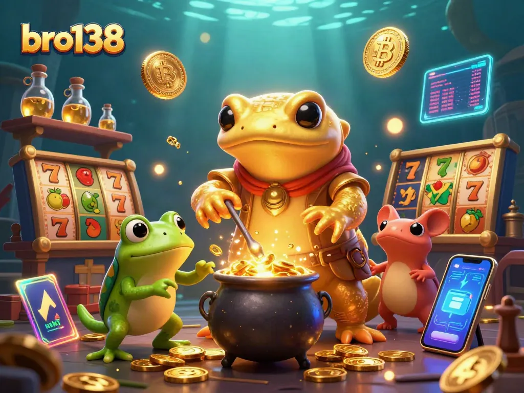 Experience thrilling gameplay with bro138’s vibrant slot machines and characters in a magical casino scene.