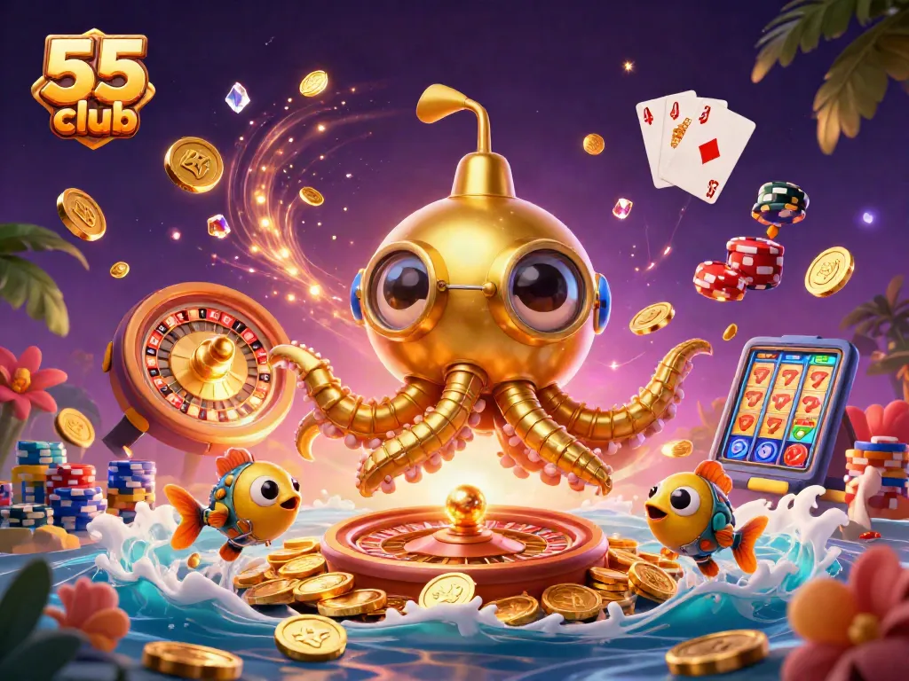 Experience thrilling gameplay with 55 club’s dynamic illustration featuring a golden kraken amidst casino elements.