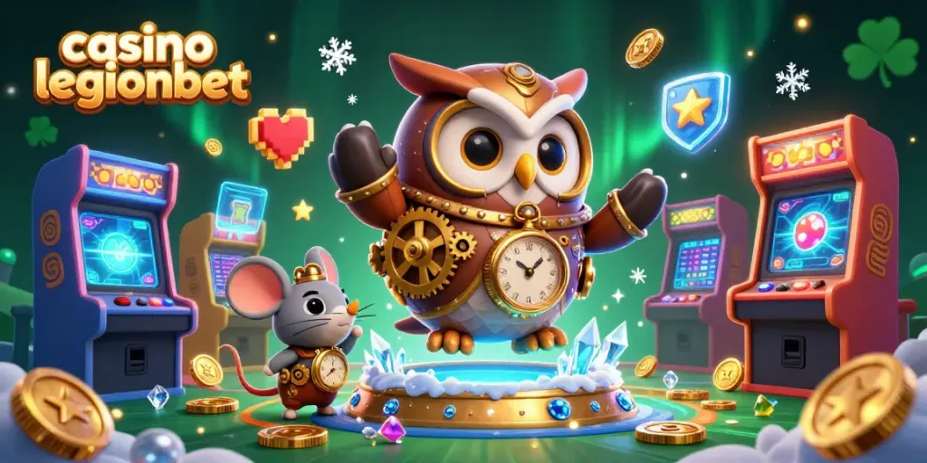 Play exciting games at casino legionbet with a vibrant illustration of a time-traveling owl and captivating retro elements.