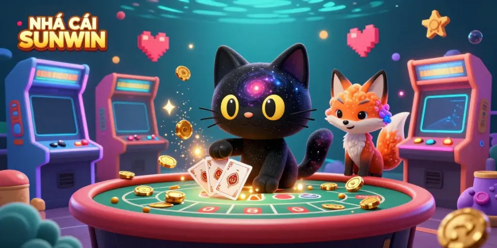 Engage with NHÀ CÁI SUNWIN in an ultra-detailed 3D casino scene with whimsical characters and vibrant game elements.