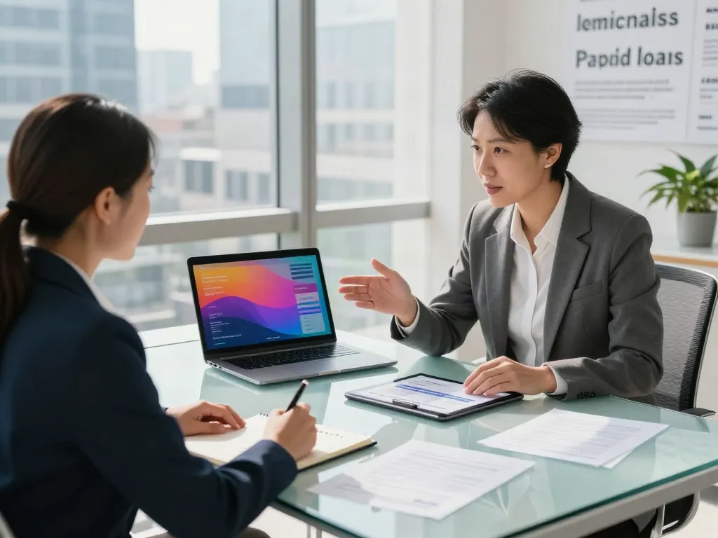 Financial advisor explaining payday loans co Red Deer options in a modern office setting