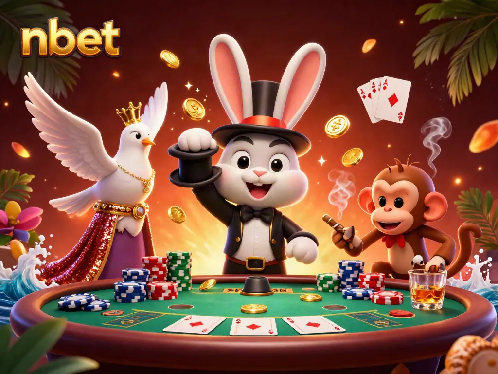 Experience nbet’s magic with a magician rabbit, assistant dove, and monkey amid vibrant casino elements.