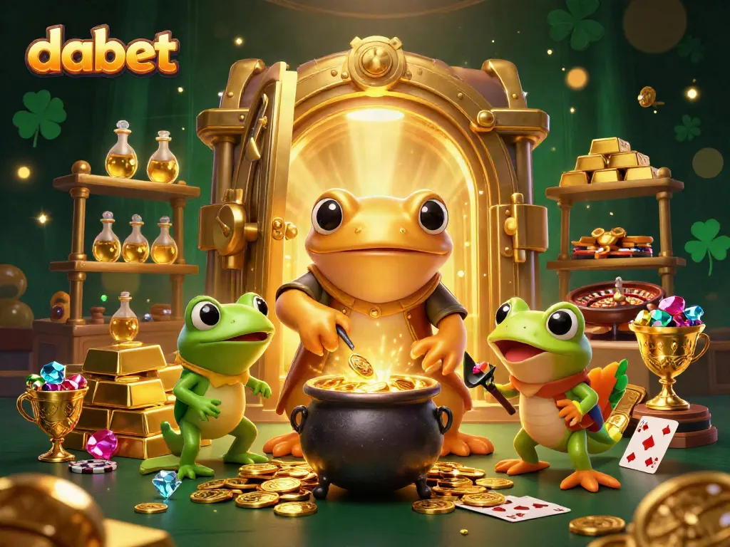 Dabet’s vibrant alchemist scene showcases a frog stirring gold in a lively casino atmosphere.