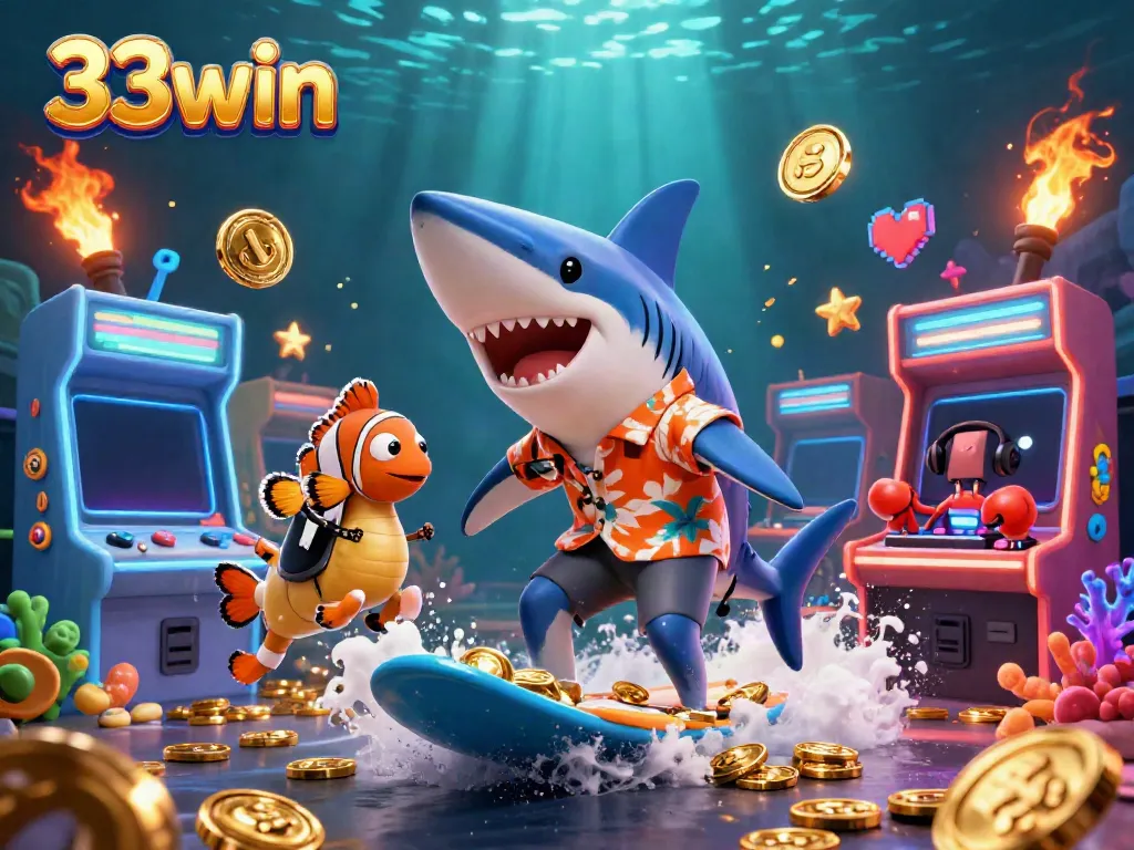 Engage with vibrant 33win casino-themed adventure showcasing a playful shark and colorful gaming elements.