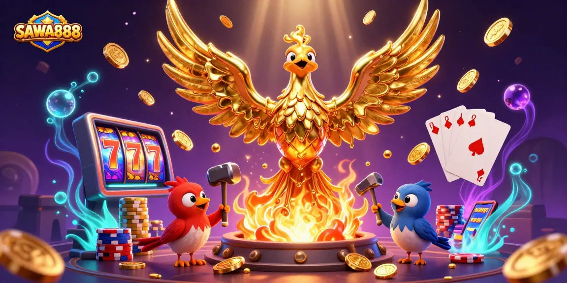Experience the thrill of winning at SAWA888 with dynamic golden coins and exciting casino elements.
