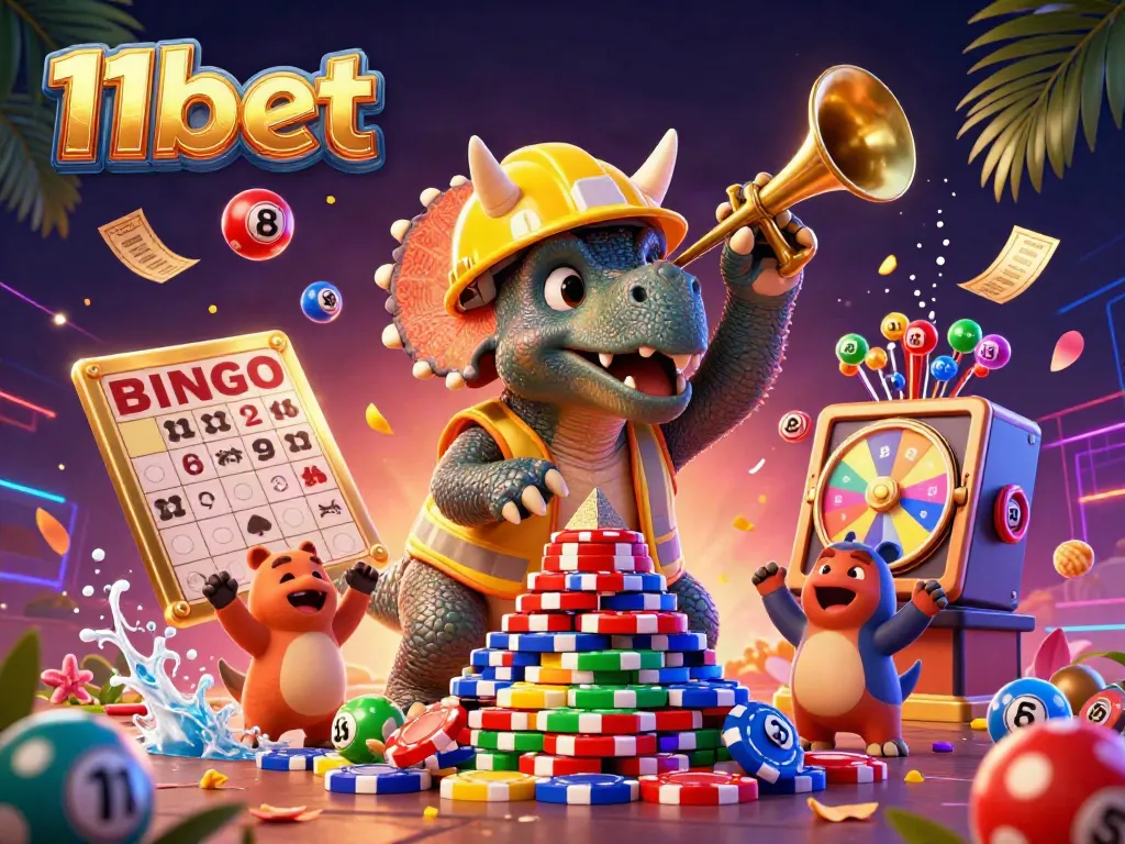 Experience the excitement of 11bet where a triceratops builds poker chip towers amidst festive lottery elements.
