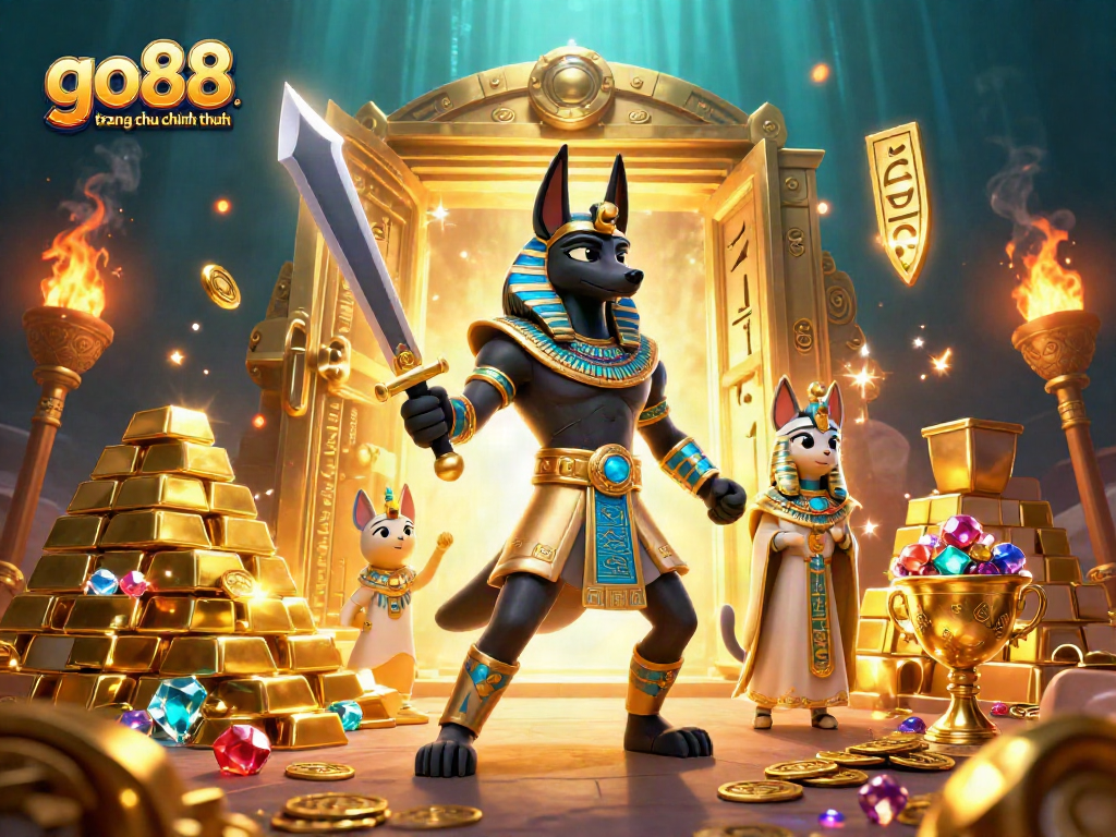 Experience go88 trang chu chinh thuc with Anubis and Bastet in a vibrant 3D casino scene.