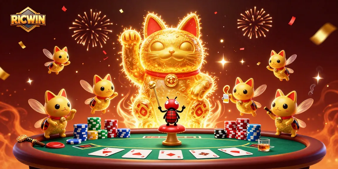 Experience the thrill of RICWIN with vibrant fireflies and poker elements in a dynamic casino scene.