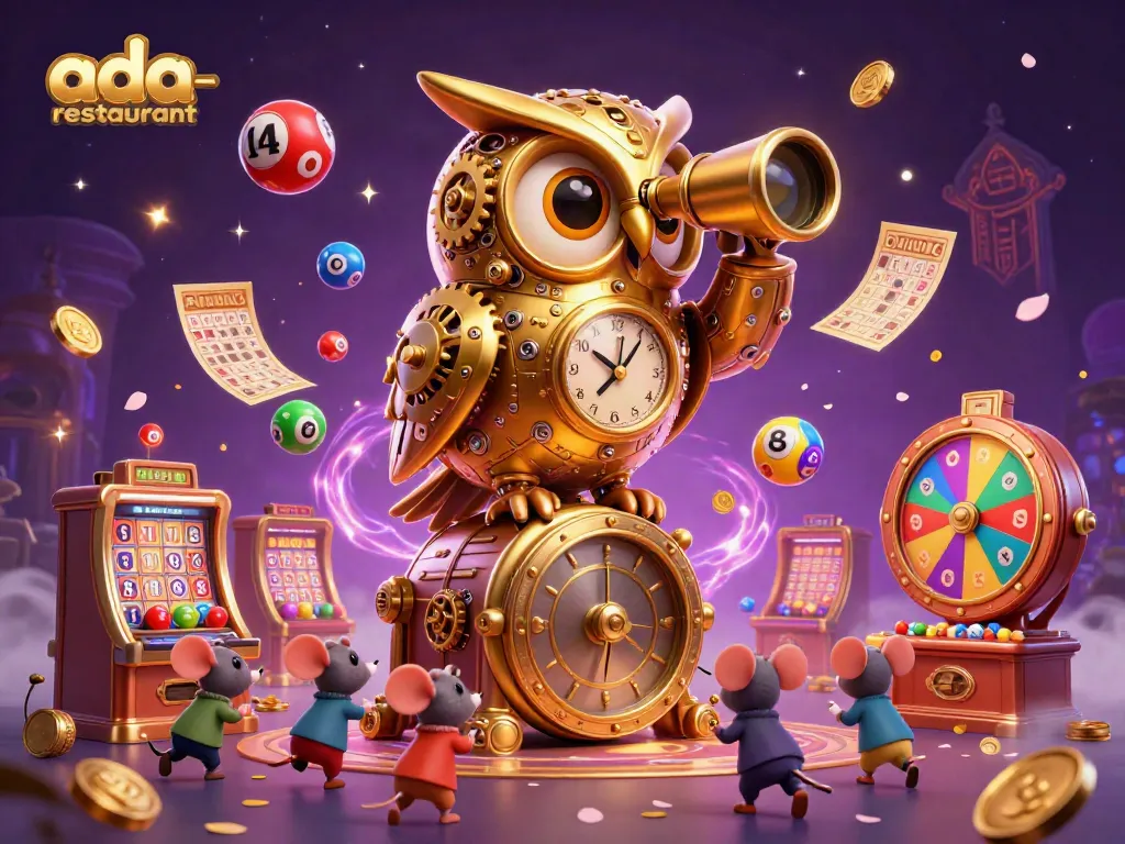 Ada-restaurant casino scene featuring a whimsical golden owl and vibrant gaming elements symbolizing exciting experiences.