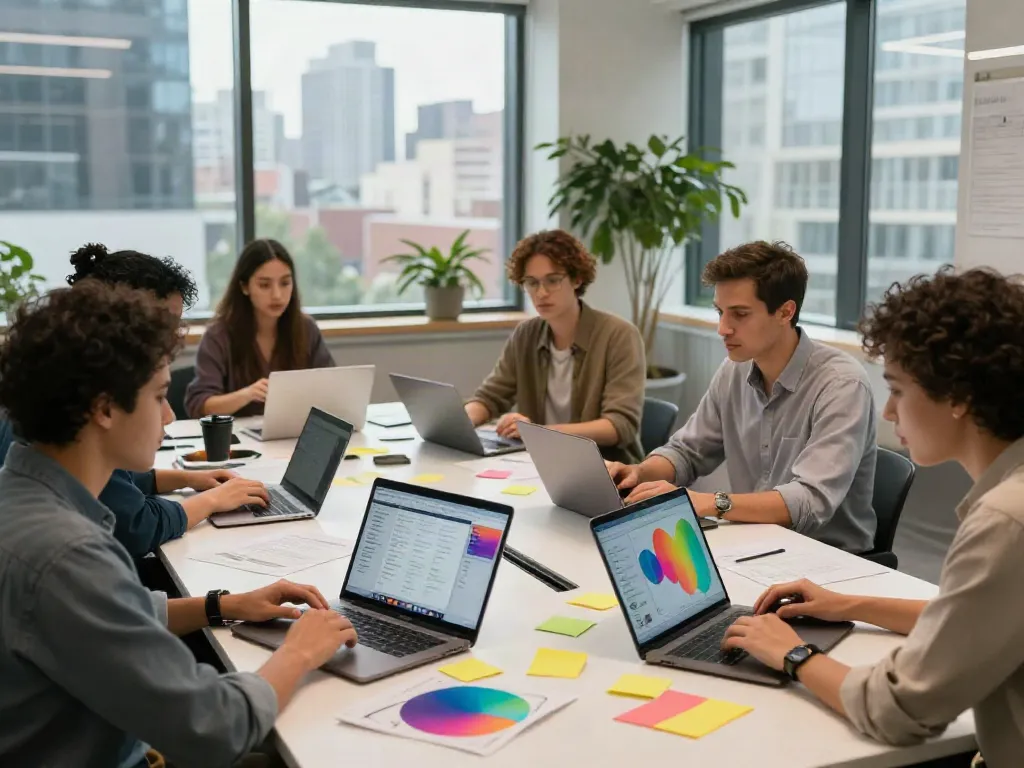 Collaborative workspace scene highlighting professionals discussing site strategies in a modern office.