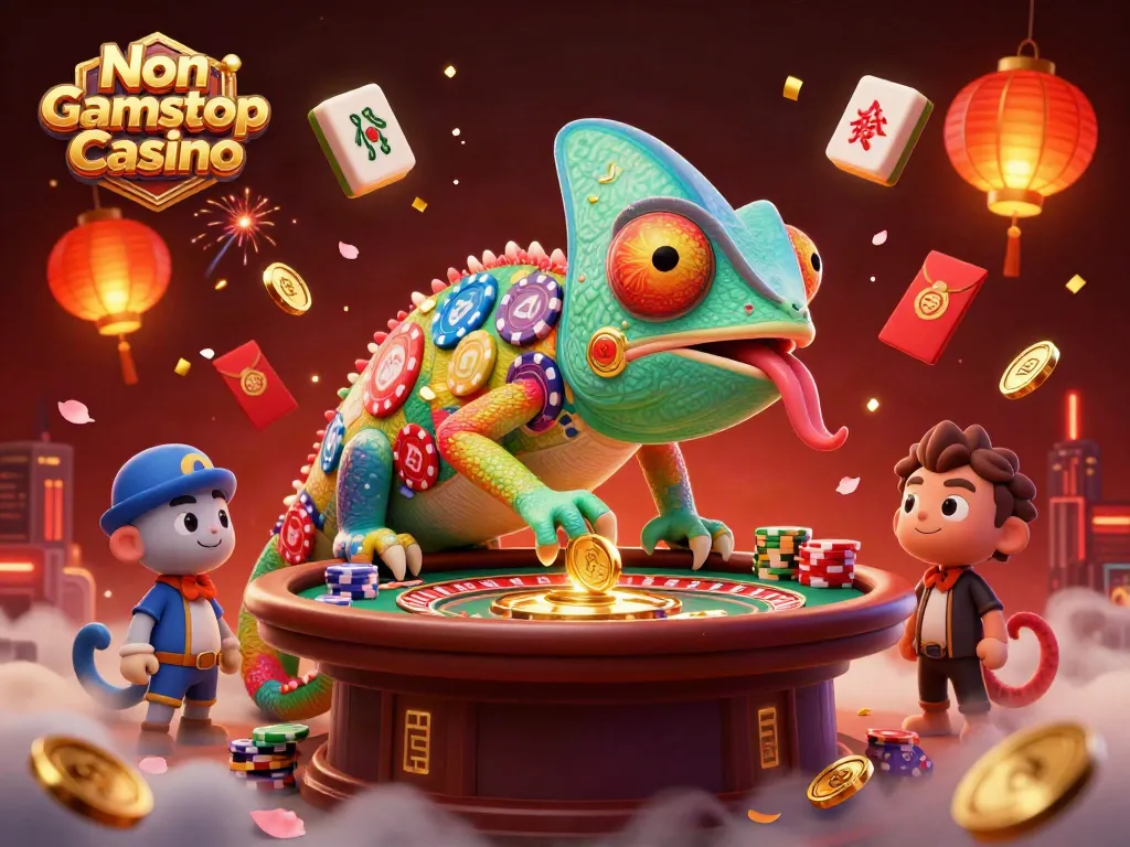 Engage with the vibrant Non Gamstop Casino scene featuring a chameleon with poker elements.