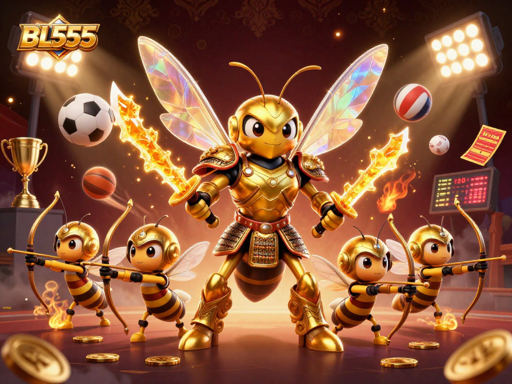 Win big at BL555 with a vibrant 3D casino illustration featuring games and dynamic sports themes.