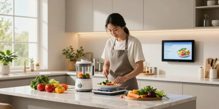 Smart kitchen gadgets in use as a home cook prepares fresh ingredients with innovative tools in a modern kitchen.