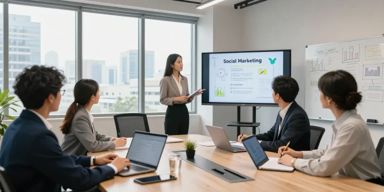 Team collaborating on social marketing for small businesses in a modern office.