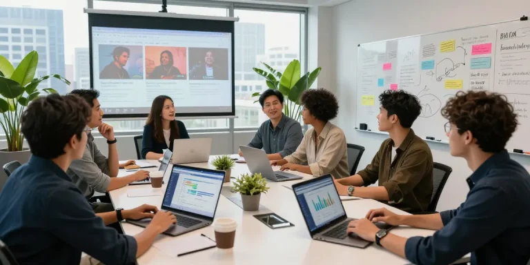 Music professionals using BlastFM CRM for artist management in a modern workspace.