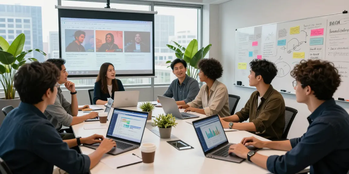 Music professionals using BlastFM CRM for artist management in a modern workspace.