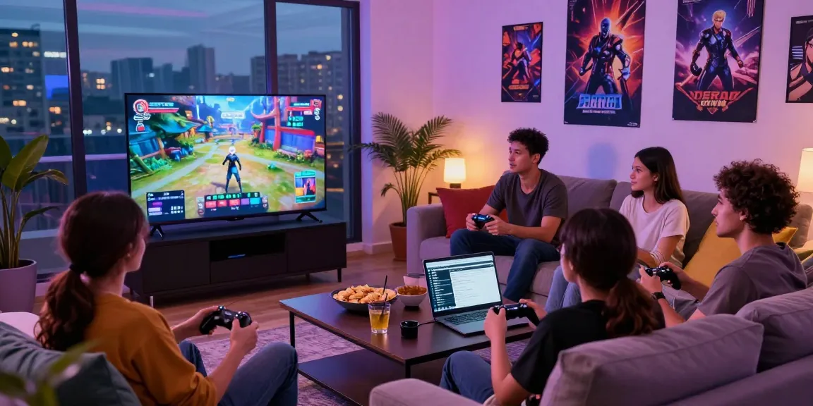 Group enjoying an ero game in a cozy living room with snacks and gaming gear.