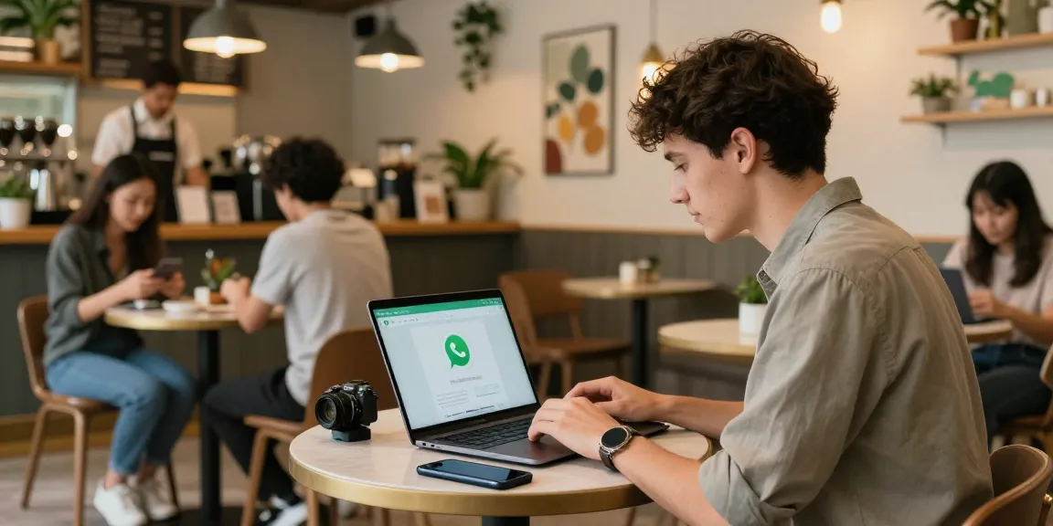 Downloading WhatsApp下載 on a laptop in a vibrant café setting, highlighting technology and social interaction.