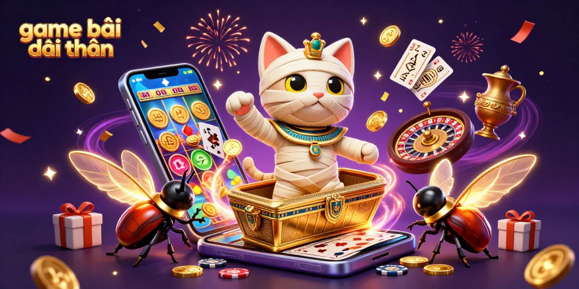 Engage in thrilling game bài đổi thưởng with colorful slot games, poker chips, and festive elements.
