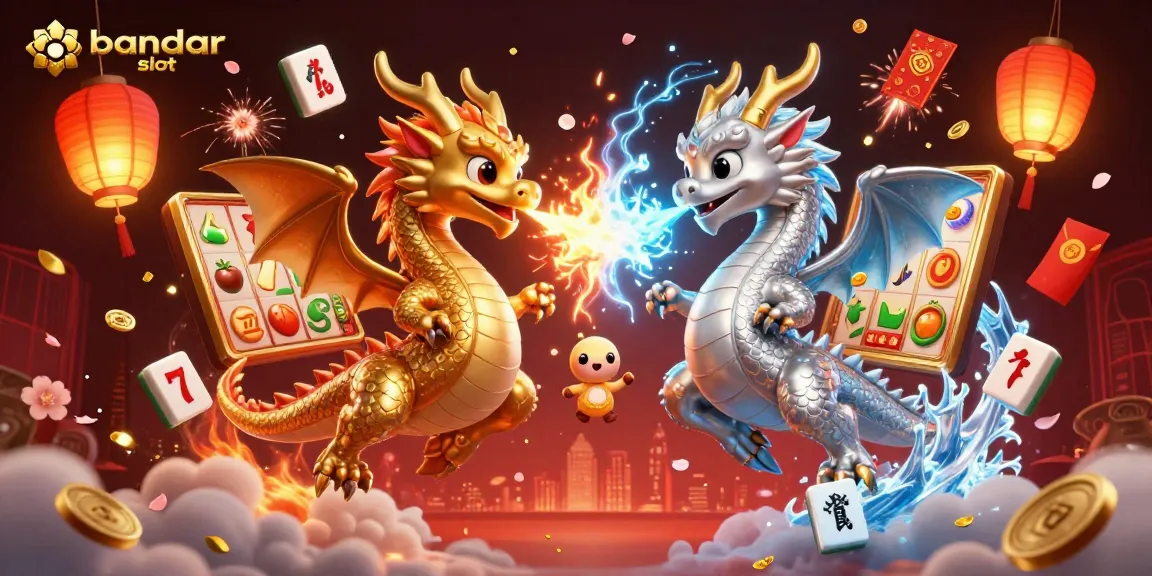Experience thrilling gameplay with bandar slot featuring dragons amidst vivid slot elements and festive decorations.