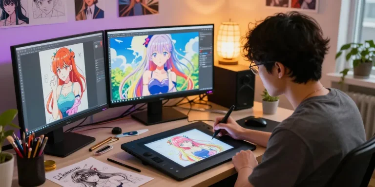 Artist creating ecchi AI art in a creative studio, showcasing technology in artistry.