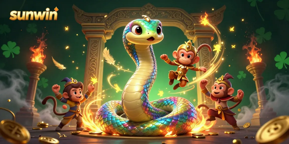 Experience vibrant gameplay at sunwin with a playful monkey king and a rainbow serpent in a dynamic casino illustration.
