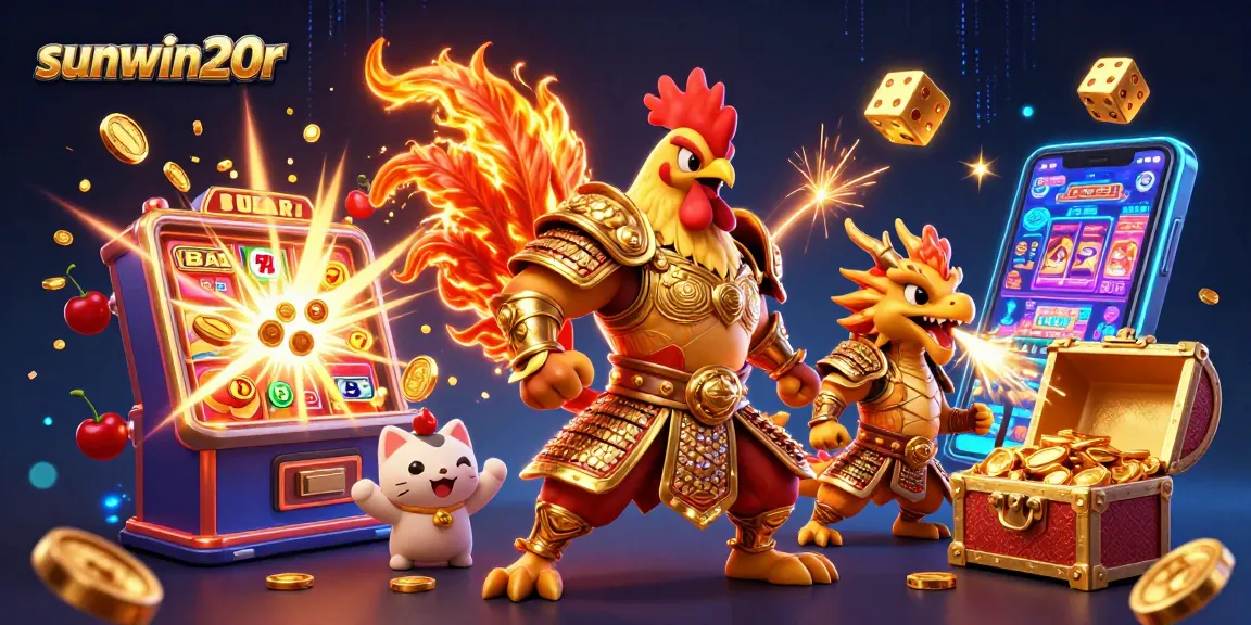 Celebrate wins at sunwin20r with a rooster warrior and dragon amidst jackpot excitement!