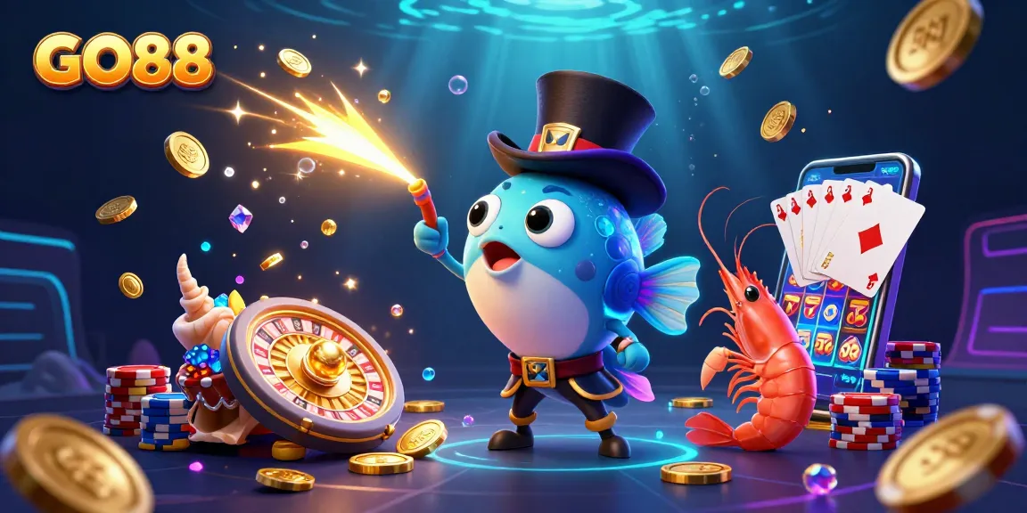 Experience GO88 excitement with gold coins cascading around a deep-sea anglerfish and pirate shrimp.