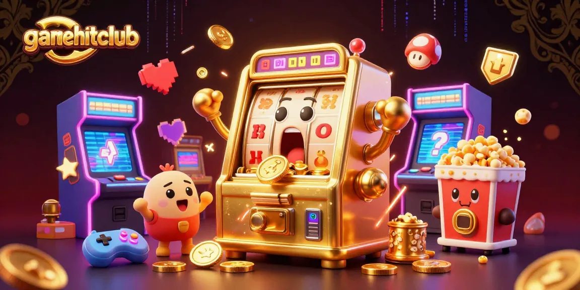 Experience gamehitclub's excitement with a cartoon slot machine winning big at a vibrant casino.